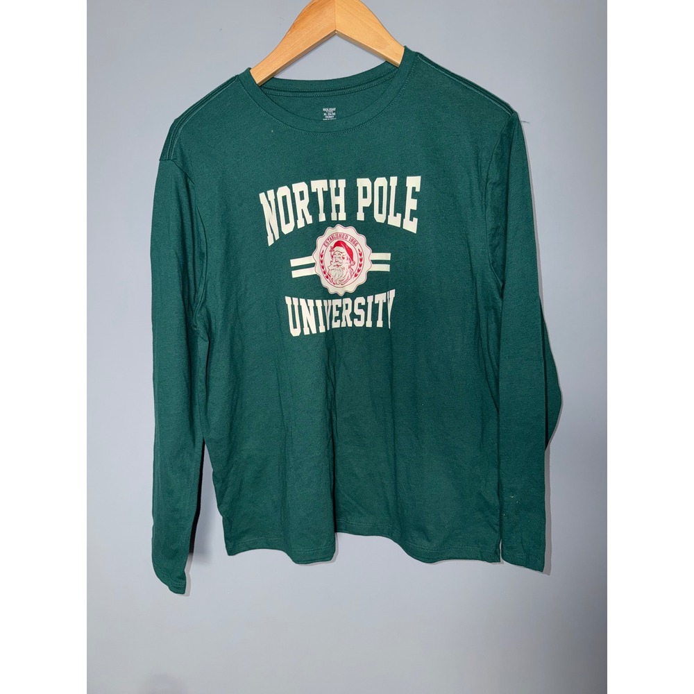 Holiday Time North Pole University‎ Santa Graphic Long Sleeve Tee Green XL 14-16